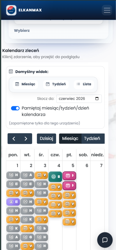 Responsywny kalendarz zleceń ElkanMax — widok na telefonie